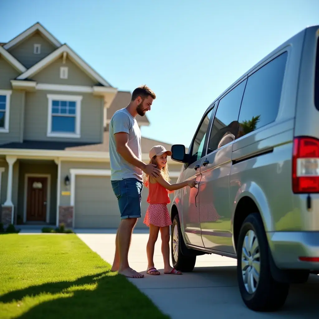 Счастливая семья рядом с несколькими автомобилями